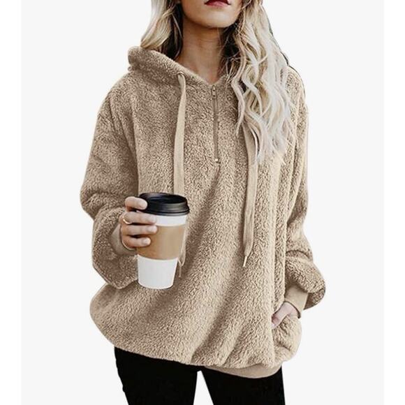 Womens Oversized Sherpa Pullover Hoodie with Pockets Fuzzy Fleece - Picture 1 of 7